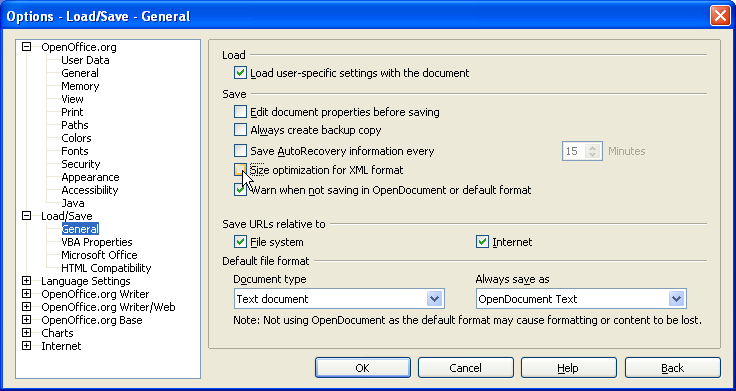 Tela de Otimização do XML gerado pelo OpenOffice.