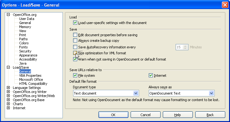 OpenOffice XML Size Optimization option.