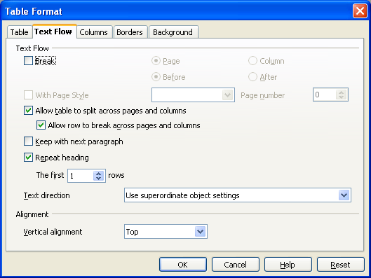 Header repeating option in Ooo Writer.